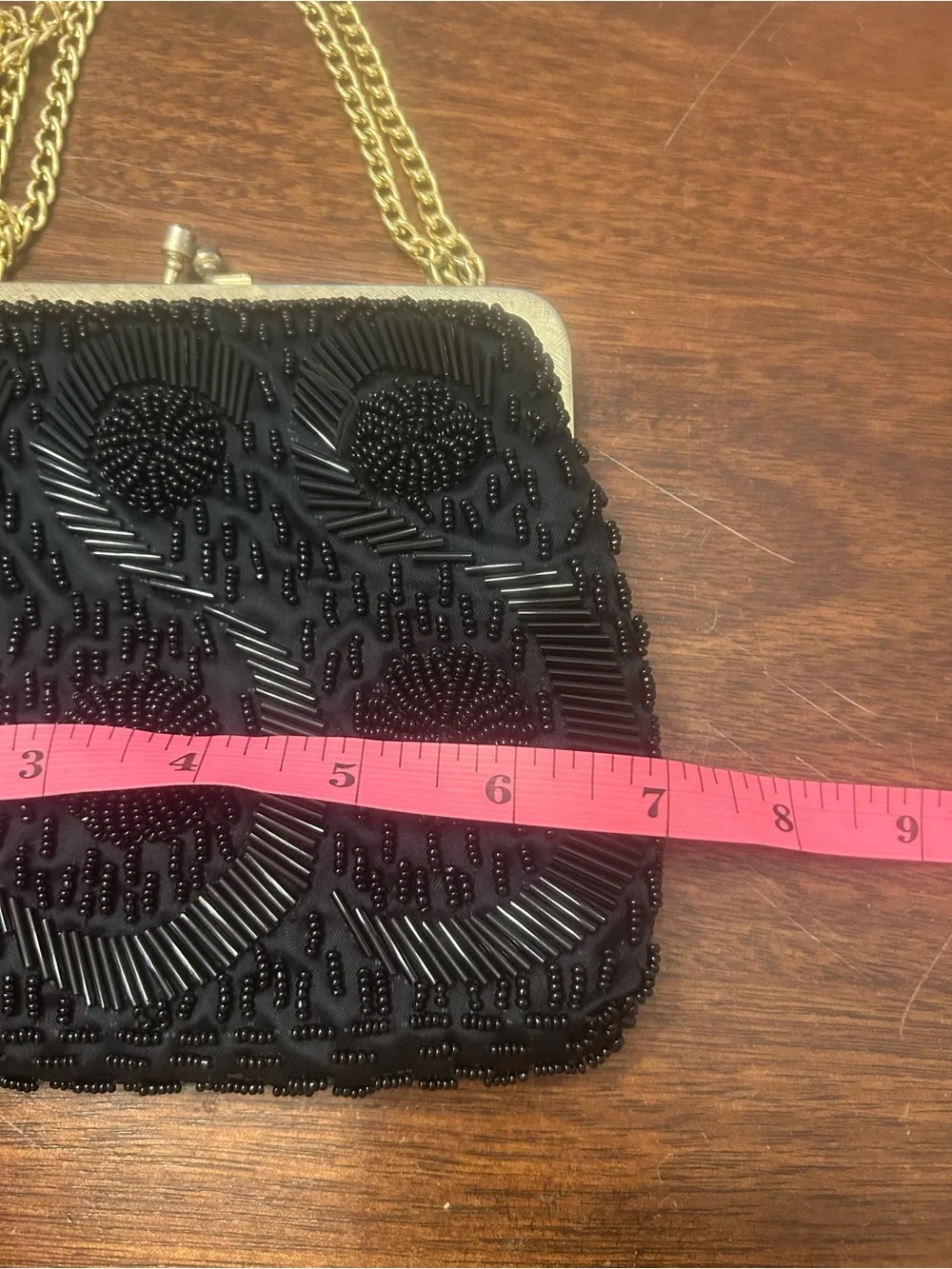La Regale Vintage Black Beaded Evening Clutch with Gold Chain Strap